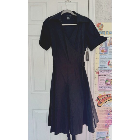 NWT Sandro Women’s Wrap Black Dress Size 14 Cotton V Neck Midi - Picture 1 of 12